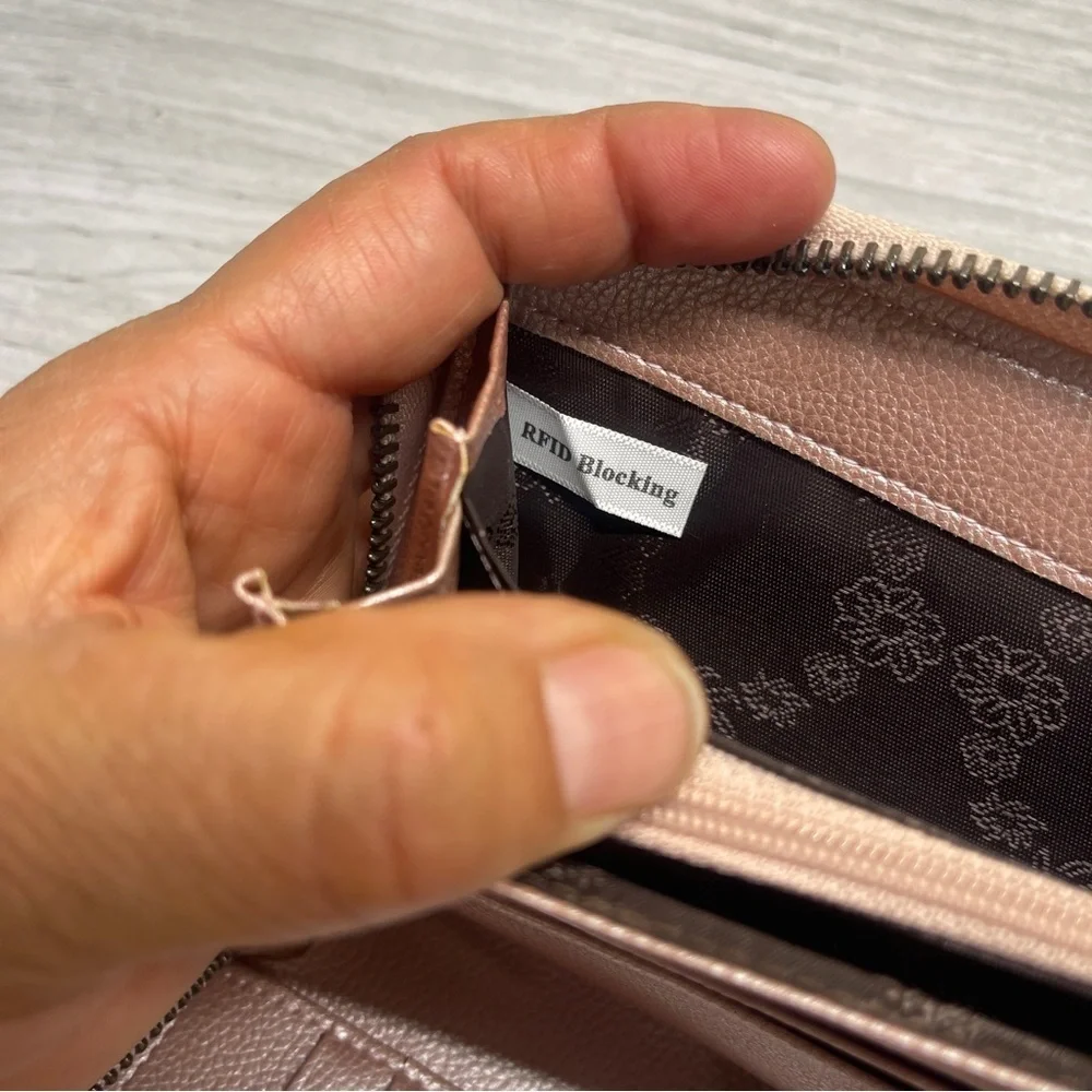 Bveyzi Pink RFID Blocking Leather Zip Around Large Wallet Phone Clutch Wristlet
